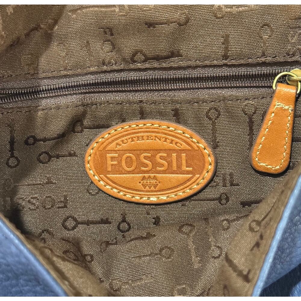 Fossil Blue Pebbled Leather Crossbody Bag Brown Trim Vintage Style - Picture 3 of 15